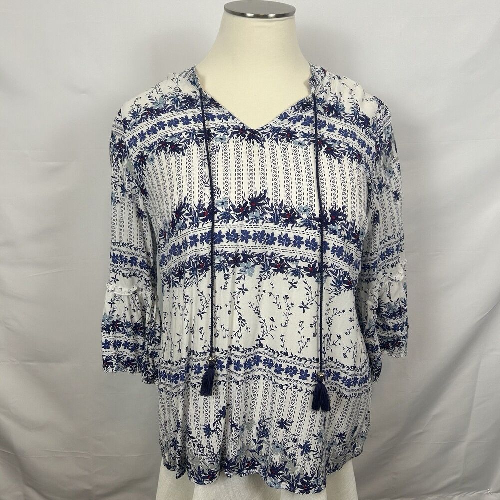 Women's Peasant 3/4 Bell Sleeve‎ Shirt Est. 1946 Blouse Size 18/20 Blue Flowers